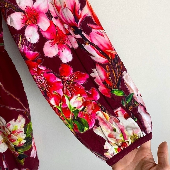 ROCOCO SAND Claret Silk Floral Patch Embroidered Dress Wedding Guest - Picture 9 of 14